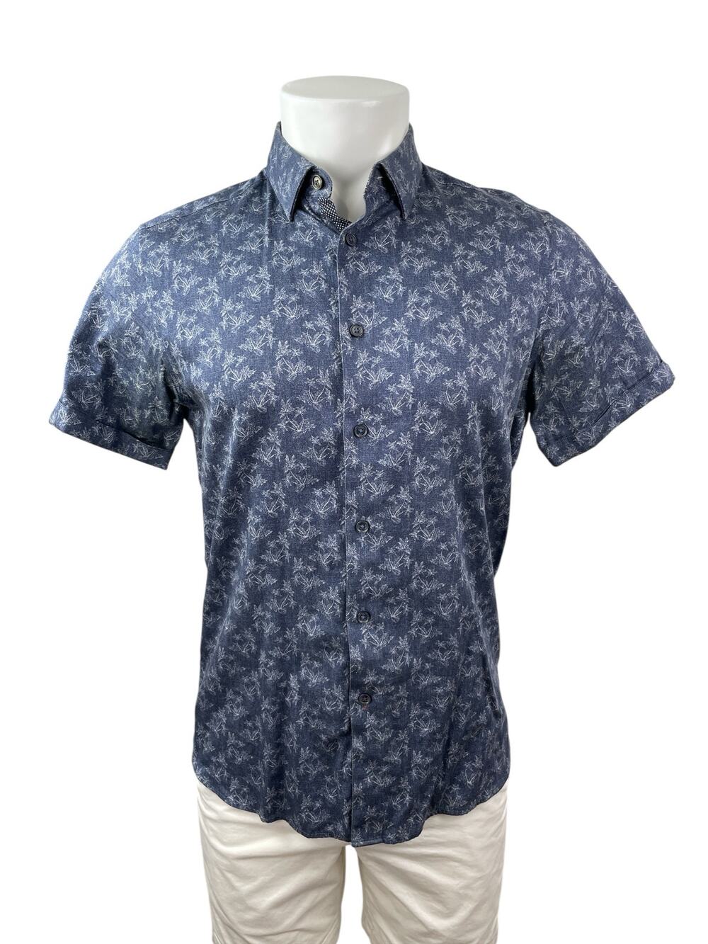 Ted Baker Men's Blue Palm Tree Short Sleeve Button Down Camp Shirt Top Size M